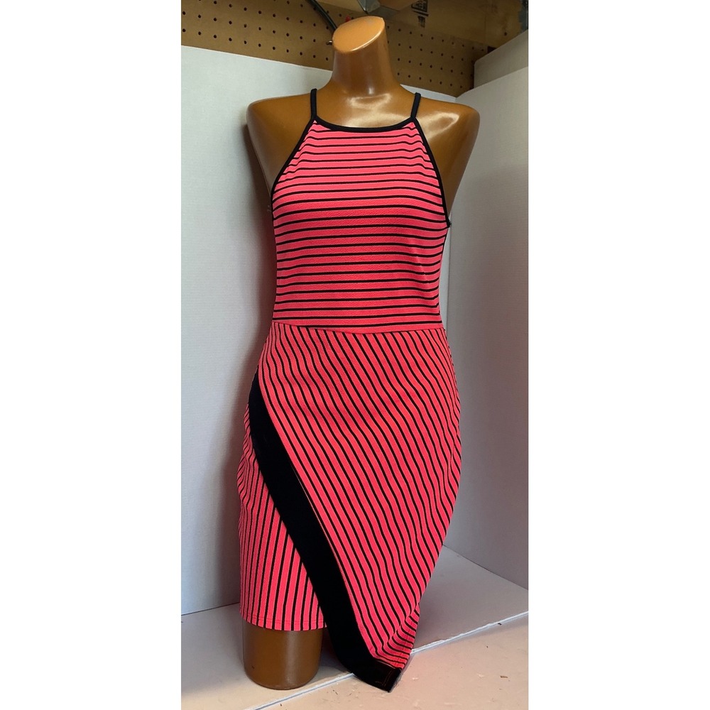 Joompy‎ Pink Black Striped Asymmetrical Bodycon Halter Dress Size M